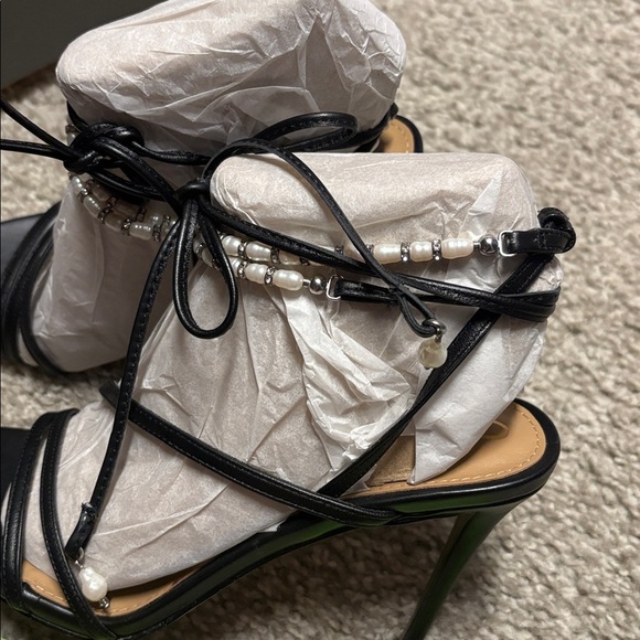 Sam Edelman 'Scarlette' Tie Heel Sandals black leather w pearl embellishments - Picture 7 of 11